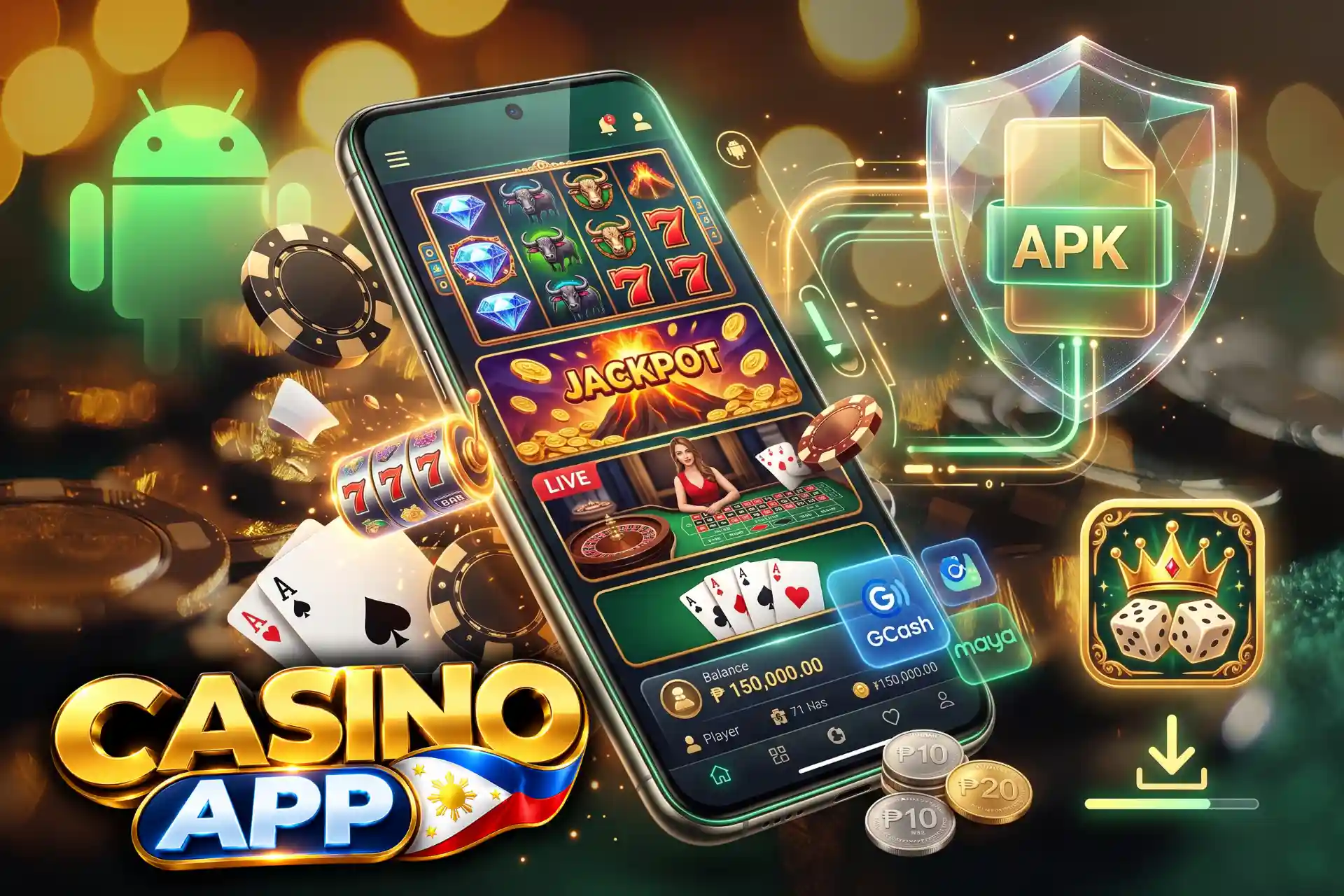 Top-rated Android casino apps in the Philippines at Casino App, presented on a sleek mobile device featuring a green Android mascot, APK shield, and peso coins.