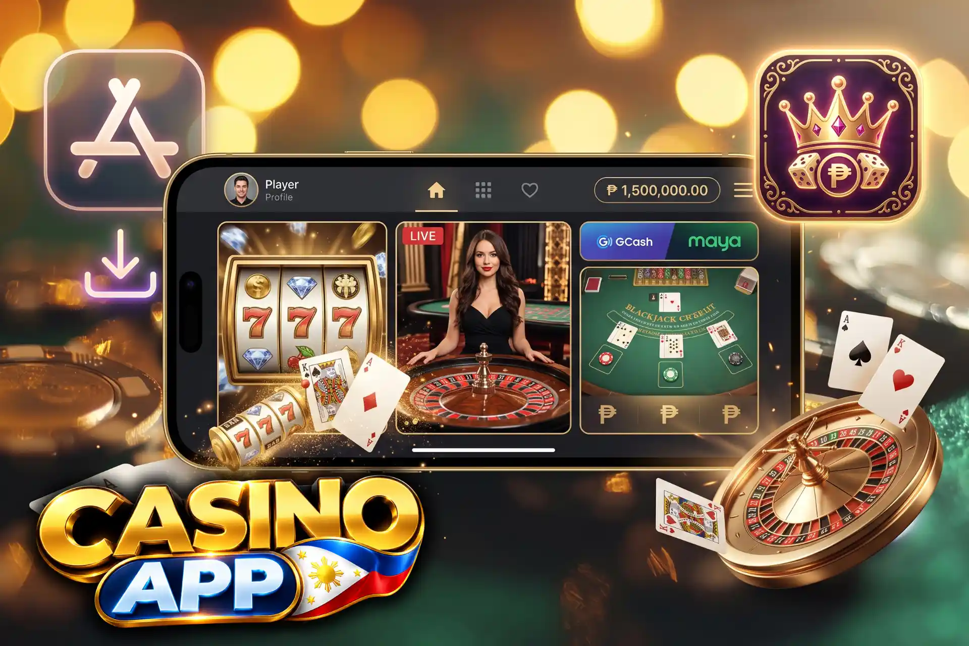 Premium real money casino apps for iPhone and iOS devices, demonstrated on a horizontal smartphone screen surrounded by an App Store icon, roulette wheel, and cards.