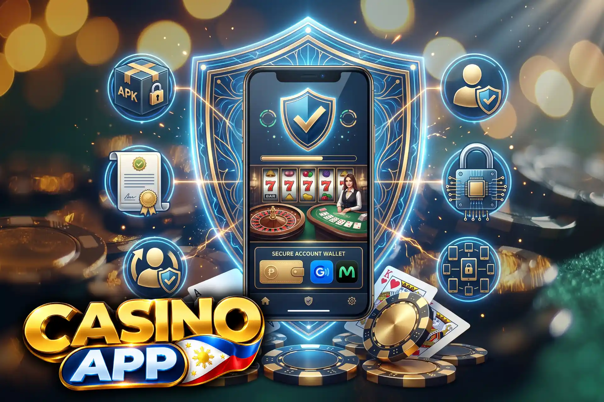 Certified casino app security and download checks at Casino App, visualized on a protected smartphone screen with a glowing shield, security padlocks, and certificate.