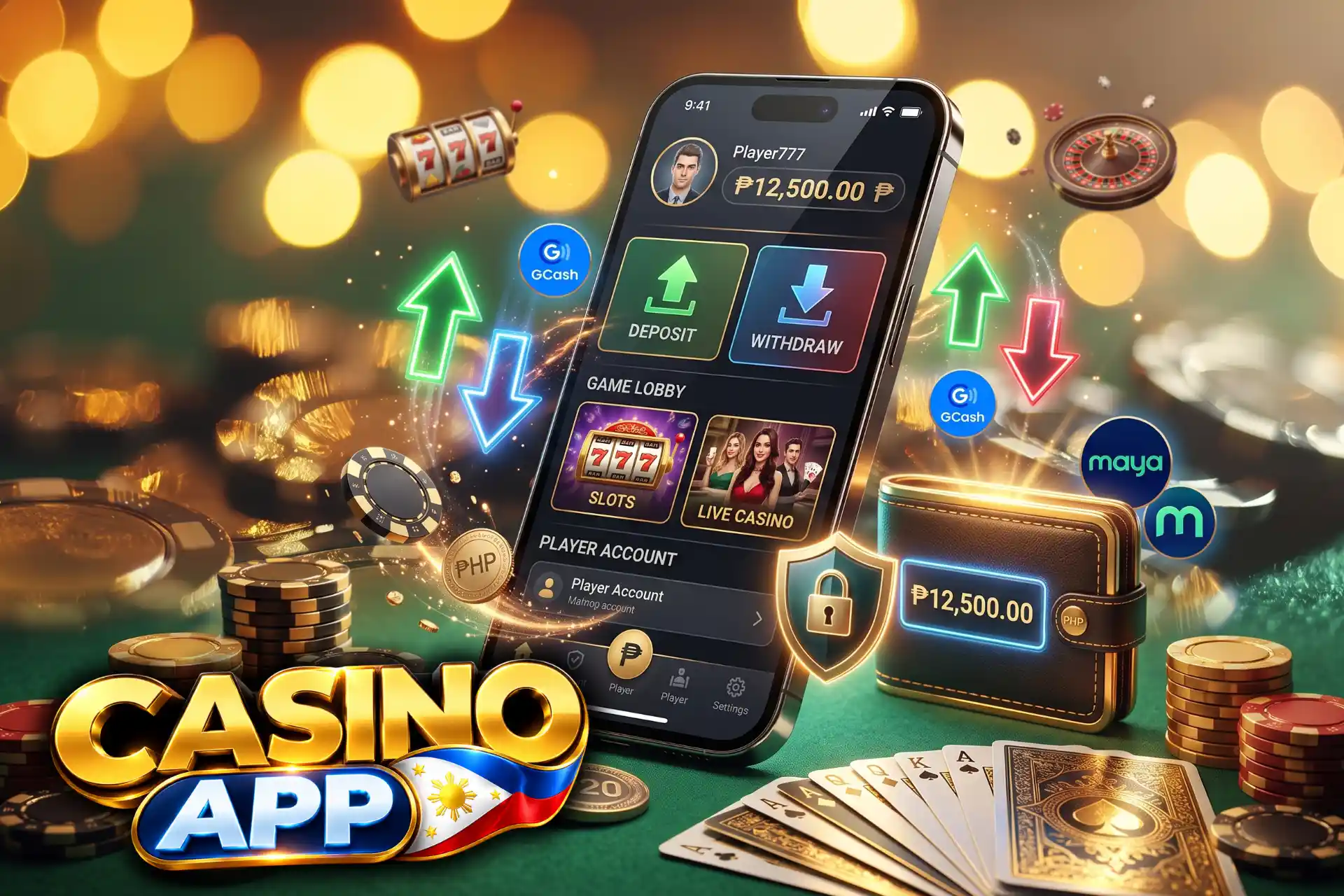 Instant real money casino app download, depicted on a smartphone screen accompanied by glowing transaction arrows, a digital wallet, chips, and playing cards.