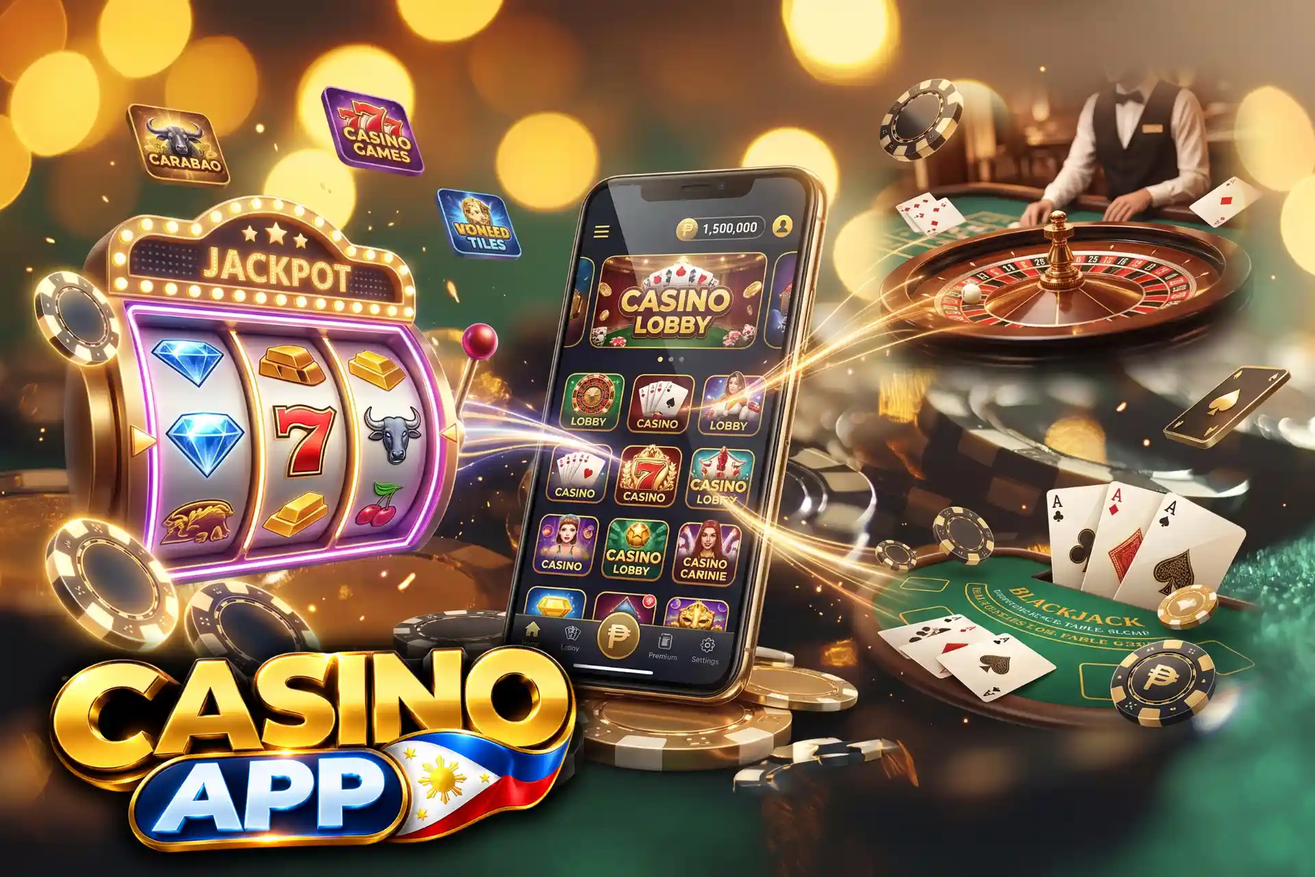 Diverse casino games available in mobile apps at Casino App, illustrated on a smartphone display flanked by a golden jackpot slot machine, roulette wheel, and chips.