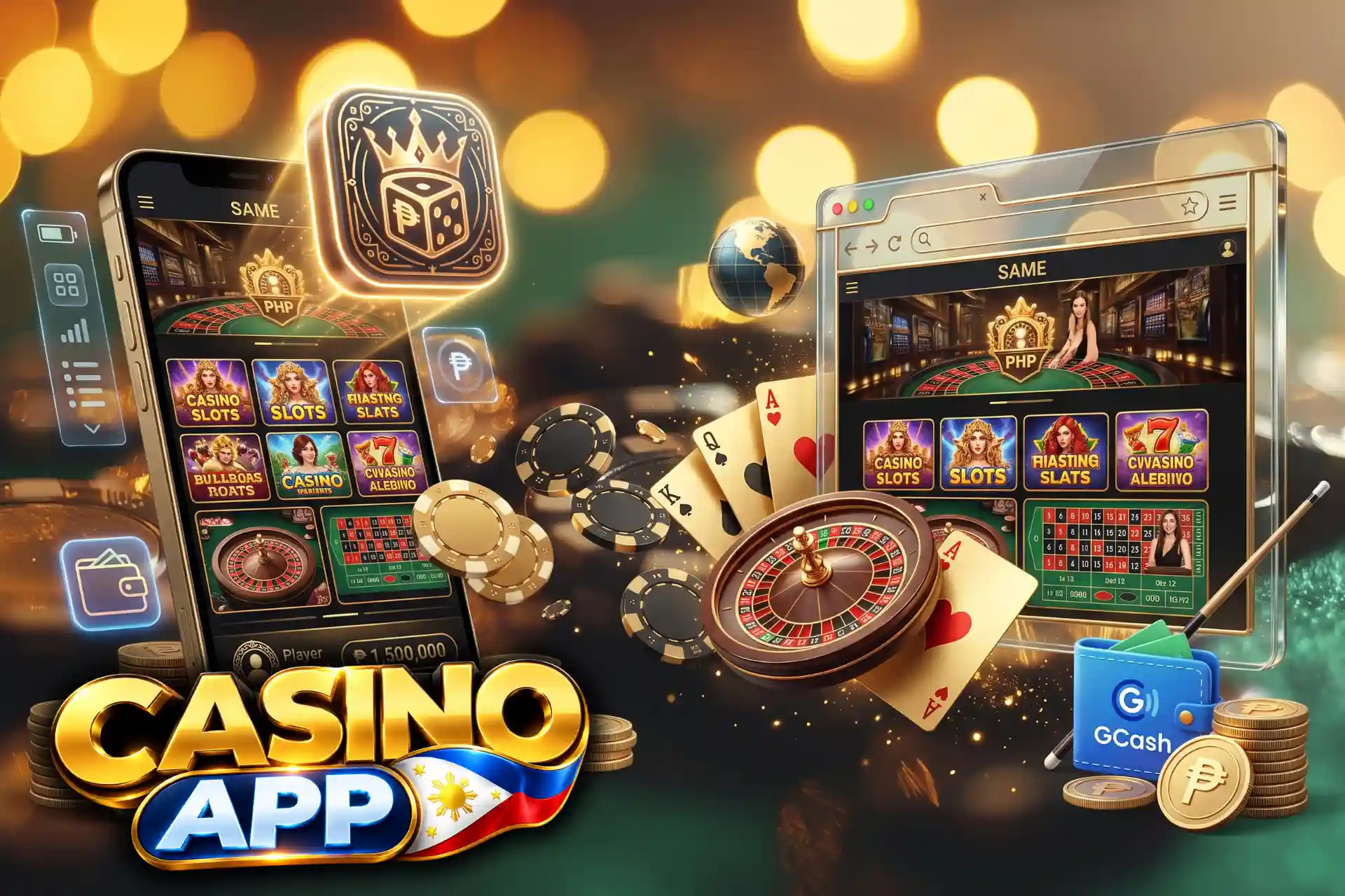 Comprehensive casino app vs mobile website comparison, showcased across a smartphone and tablet screen with a roulette wheel, cards, and GCash wallet.